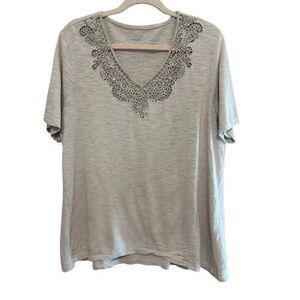 Chicos Short Sleeve Top Womens 3 US XL Tan Crochet Lace V Neck Shirt